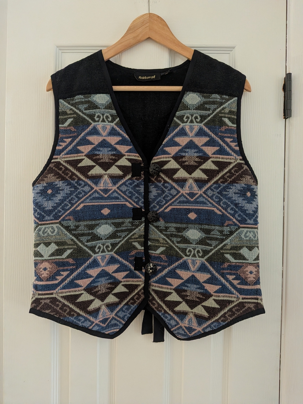 Vintage Aztec Print Tapestry Vest Blue/Pink/Green 100% Cotton Made In India Sz M